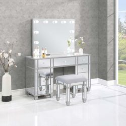 HOLLYWOOD LIGHT BULB SILVER MIRRORED VANITY DESK MIRROR STOOL SET MAKEUP STORAGE - TOCADOR MAQUILLAJE ESPEJO BANCO LUZ