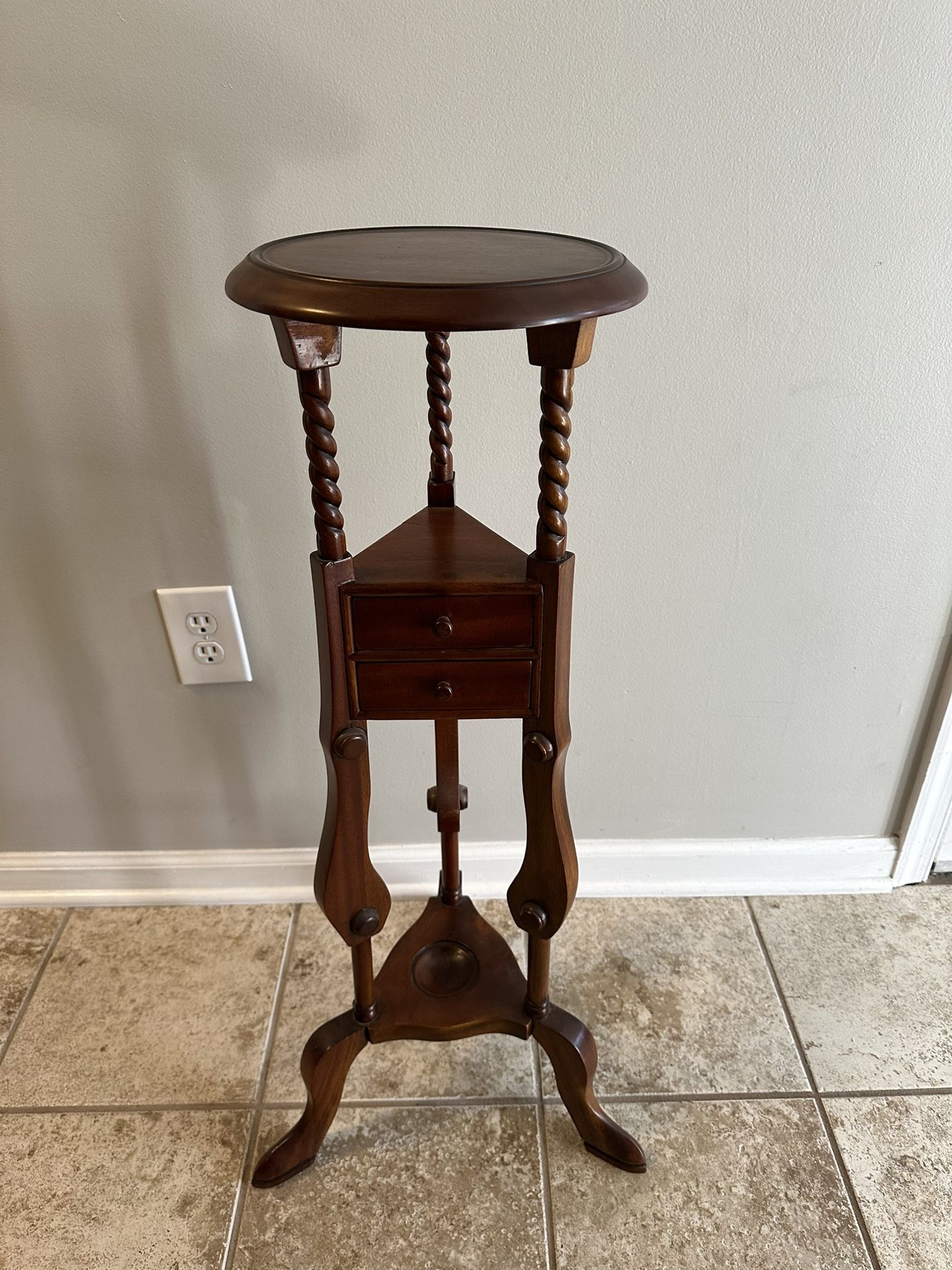 Solid Wood Mahogany Plant Stand w/ 2 Small Drawers