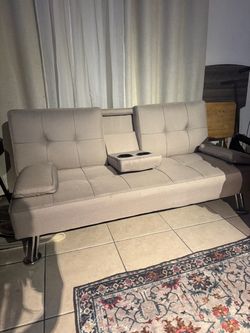 Linen Folding Futon, Reclining Sofa Bed for Apartment, Dorm w/Removable Armrests, 2 Cupholders - Beige