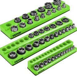 VEVOR 3-Pack SAE Magnetic Socket Organizers, 1/2-inch, 3/8-inch, 1/4-inch Drive Socket Holders Hold 68 Sockets, Green Tool Box Organizer for Sockets S
