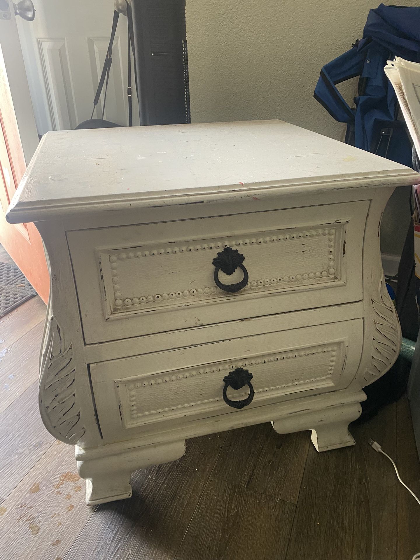 White with black details, small dresser, two drawers used