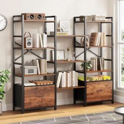 Triple 4 Tier Bookshelf with Drawers DIY Bookcase Open Display Shelves