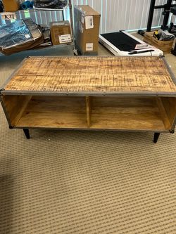 Industrial Coffee Table - Wood Top with Open Storage Cubbies - New