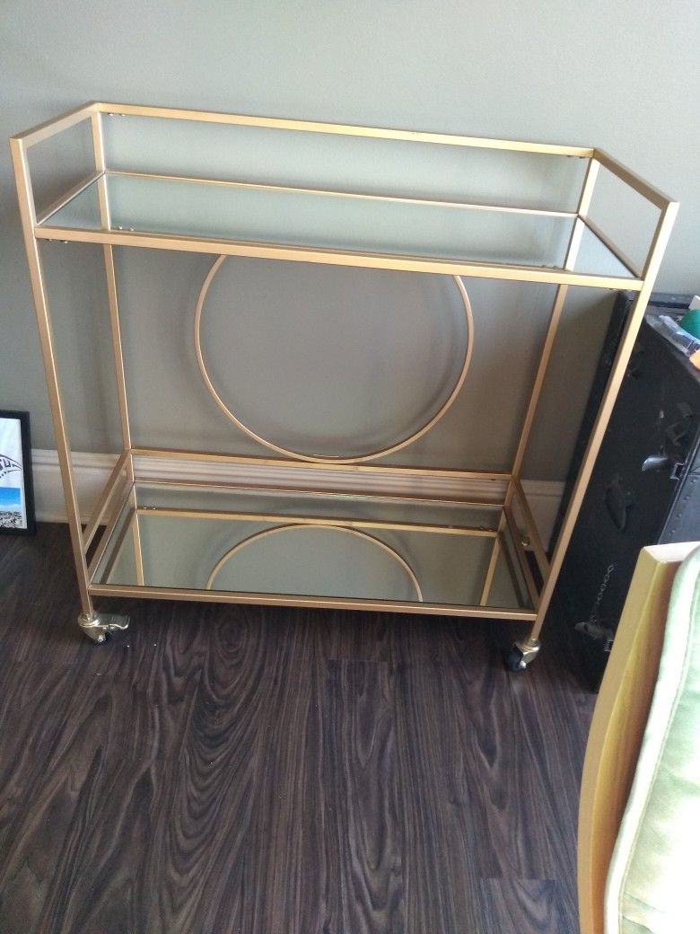 Gold Metal Bar Cart With Mirror Shelves