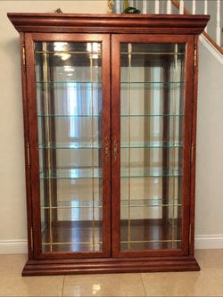 Wooden Curio Display Cabinet with Glass Doors & Brass Trim – OBO