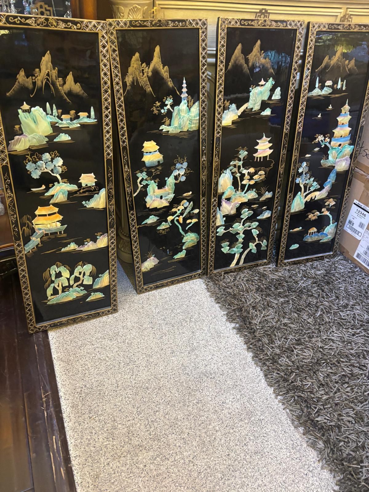 Four asian boutique mother of pearl art pieces. 12” x 36” $175