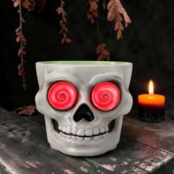 Halloween Light Up Skull Candy Bowl with Sound LED Rotating Eyes 8" Decor