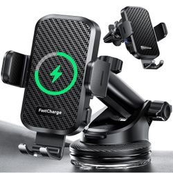 Wireless Car Charger with Phone Holder Mount, 15W Fast Charging Auto Clamping Phone Holders for You Car Windshield Dashboard Air Vent Accessories for 