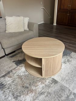Round Oak Coffee Table with Hidden Storage
