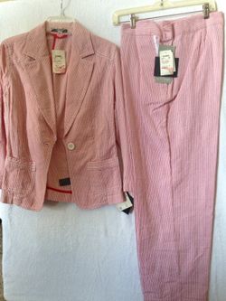 Liz Claiborne red white stripped seer sucker suit top jacket size 14 pants 16 petite NWT