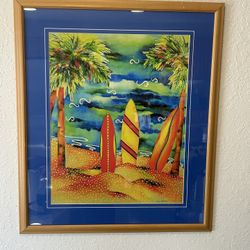 "Surfboards on Tropical Beach" Framed Art Print In Great Condition 30 X 26”