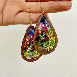 New! Bohemian Stained Glass Window Acrylic & Wood Lightweight Dangle Earrings w Gift Bag Style D