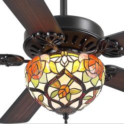 BYKISTOK 52" Ceiling Fans with Glass Shade - Black Low Profile Ceiling Fan Chandelier with 5 Reversible Blades, 3CCT Dimmable, Indoor and Out=B14-524