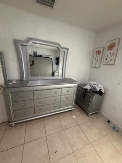 Silver Dresser with Mirror and Nightstand