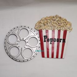 Popcorn & Film Reel Resin Hanging Wall Decorative Art 2 Piece Set Vintage Retro