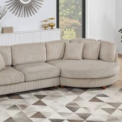 Brand New Rounded Chaise Corduroy Pale Beige Plush Extra Large Sectional  Right Facing Chaise 