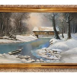 1980s Original Hand Painted Framed Wall Art - 4 Feet Wide - Snowy Cabin - One Of A Kind - NICE!!