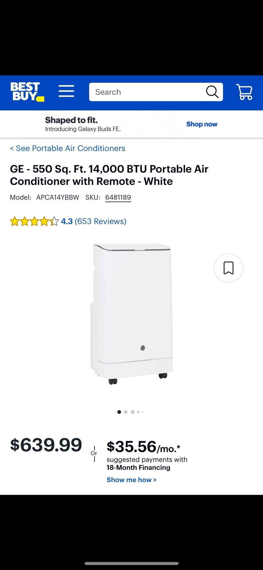 GE 14,000 BTU Portable Air Conditioner 3-in-1 with Dehumidify, Fan, and Auto Evaporation