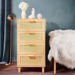 4 Drawer Dresser,Dresser for Bedroom,Handmade Rattan Chest of Drawers,Tall Bedside Storage Chest Dresser for Bedroom,Living Room,Oak