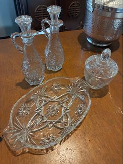 Vintage Starburst Pressed Glass Serving Set – 5 Pieces