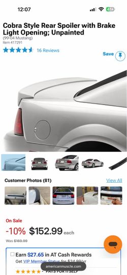 Cobra Style Rear Spoiler with Brake Light Opening; Unpainted