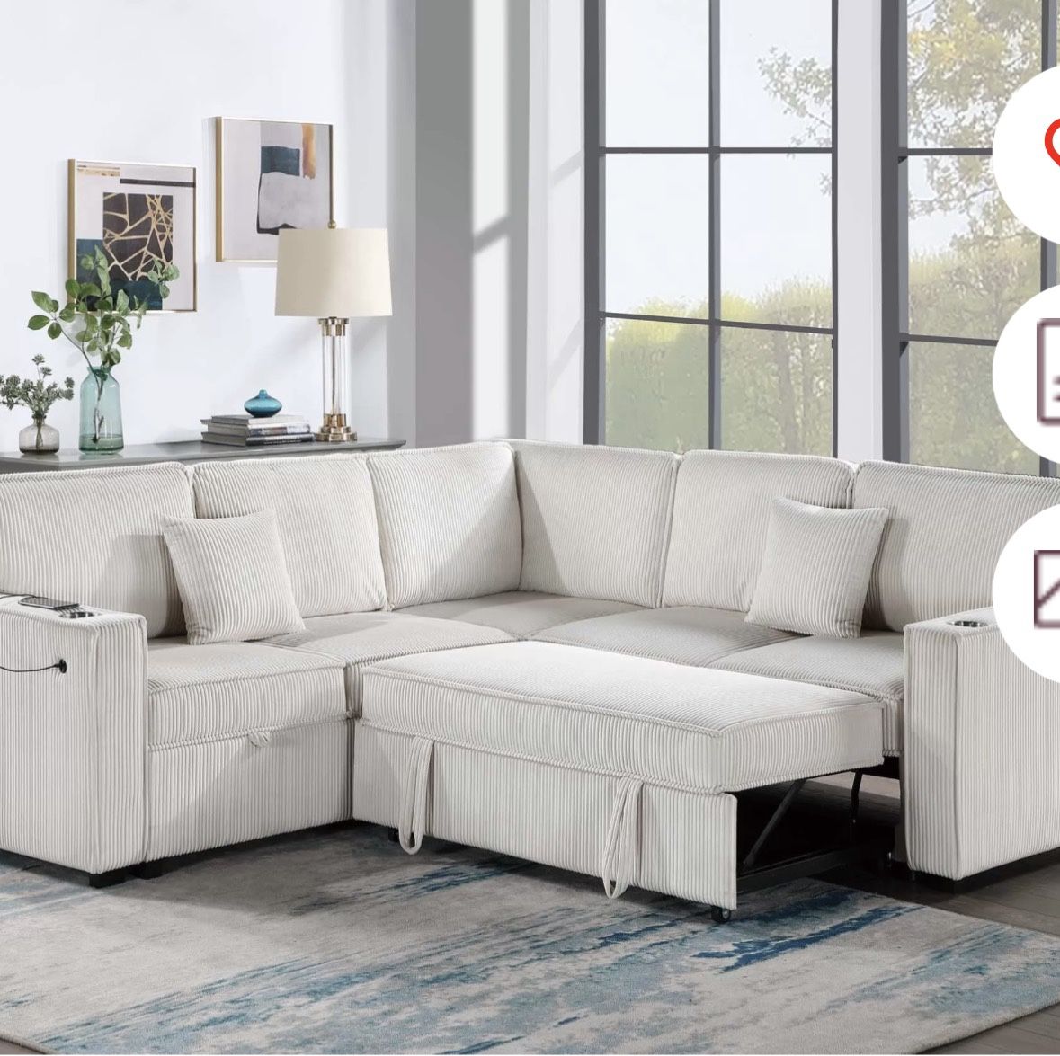 $528 Sectional Pull Out Bed With Storage USB Cup Holder Available,I Ivory,Dark Gray,Corduroy