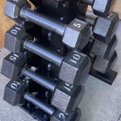 Weights 5s,10s,15s and 20s cast iron dumbbell sets with tower rack