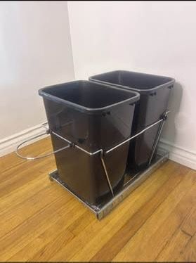 Free π with purchase Like New Sliding Pull Out Double Trash Bins 35 Quart Kitchen Cabinet Black