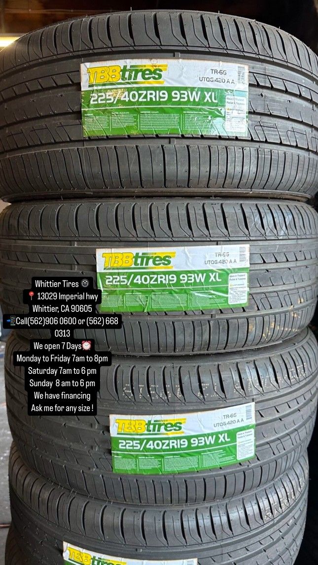 225/40R19 TBB , INCLUDING MOUNTING AND BALANCING. ASK ME FOR ANY SIZE OR BRAND, WE HAVE THE BEST PRICES OF CALIFORNIA