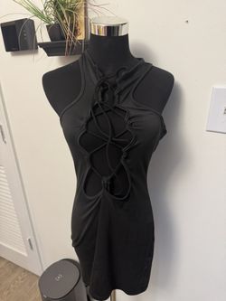 Black Mini Dress With Lace Up Front Detail 