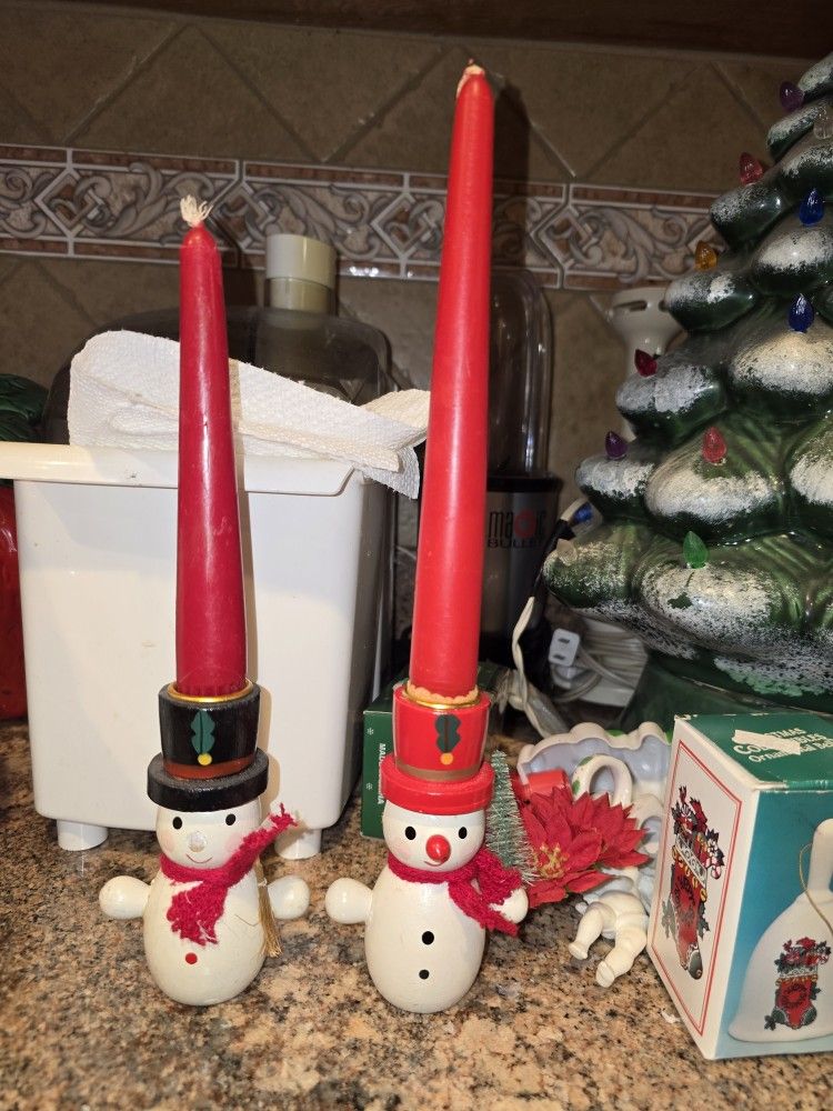 Woden Snowmen Candel Holders