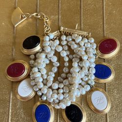 VTG RARE Karl Lagerfield Kl Logo Multicolor Medallion Six Strand Pearl Bracelet