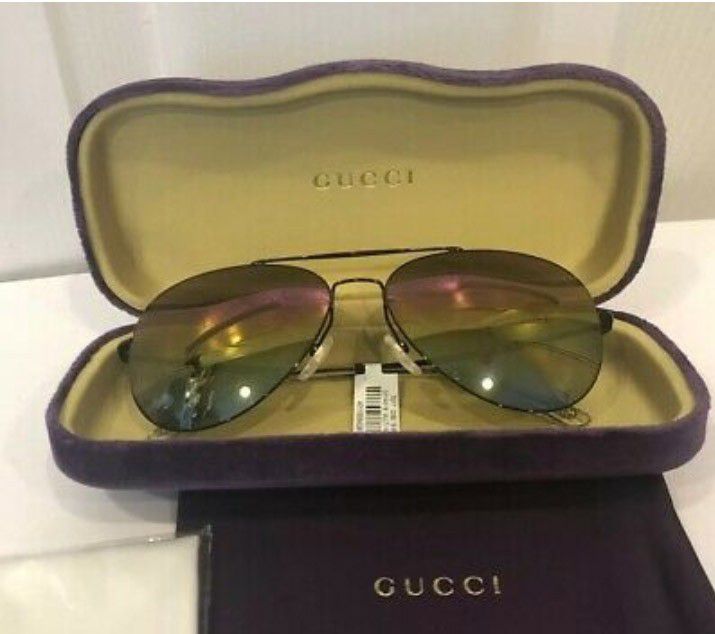 AUTH NEW Gucci GG0500S 002 Aviator Sunglasses Black W/ Rainbow Lenses & Case