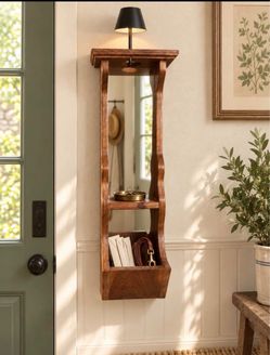 Vintage Wood Wall Mirror with Shelves and Candle Sconce