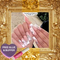 3D Flower White French Tip Butterfly Press On Nails 10 Pc Set - FREE GLUE & BUFFER 