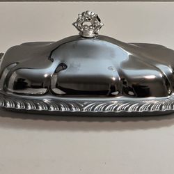 Vintage Chrome Butter Dish Glass Insert Ornate Handle Fluted Edge 3 Piece 