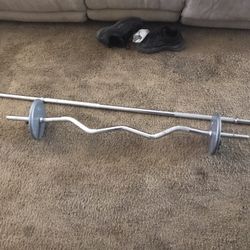 Curl Bar And Straight Bar With Ten Pound Plates