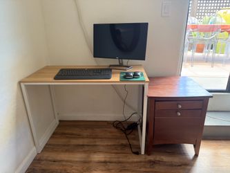 Small desk, file cabinet, monitor and keyboard and mouse