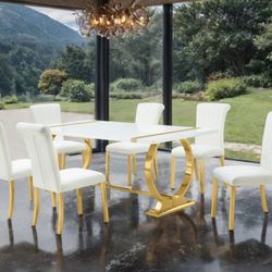 Brand New White & Gold 7pc Formal Dining Table Set 