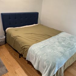 Queen Size Upholstered bed frame, Mattress, And Mattress Topper 