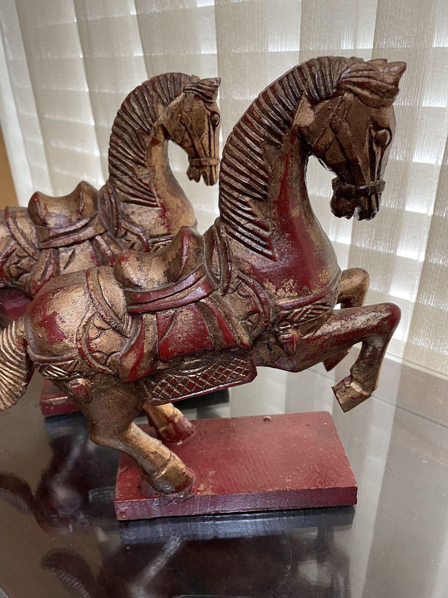 Set of 2 Vintage Wooden Chinese Tang Dynasty Style  Horses 10”x10”