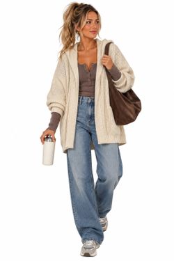 Free People L Cream Hooded Cable Knit Cardigan Oversized Boho Sweater