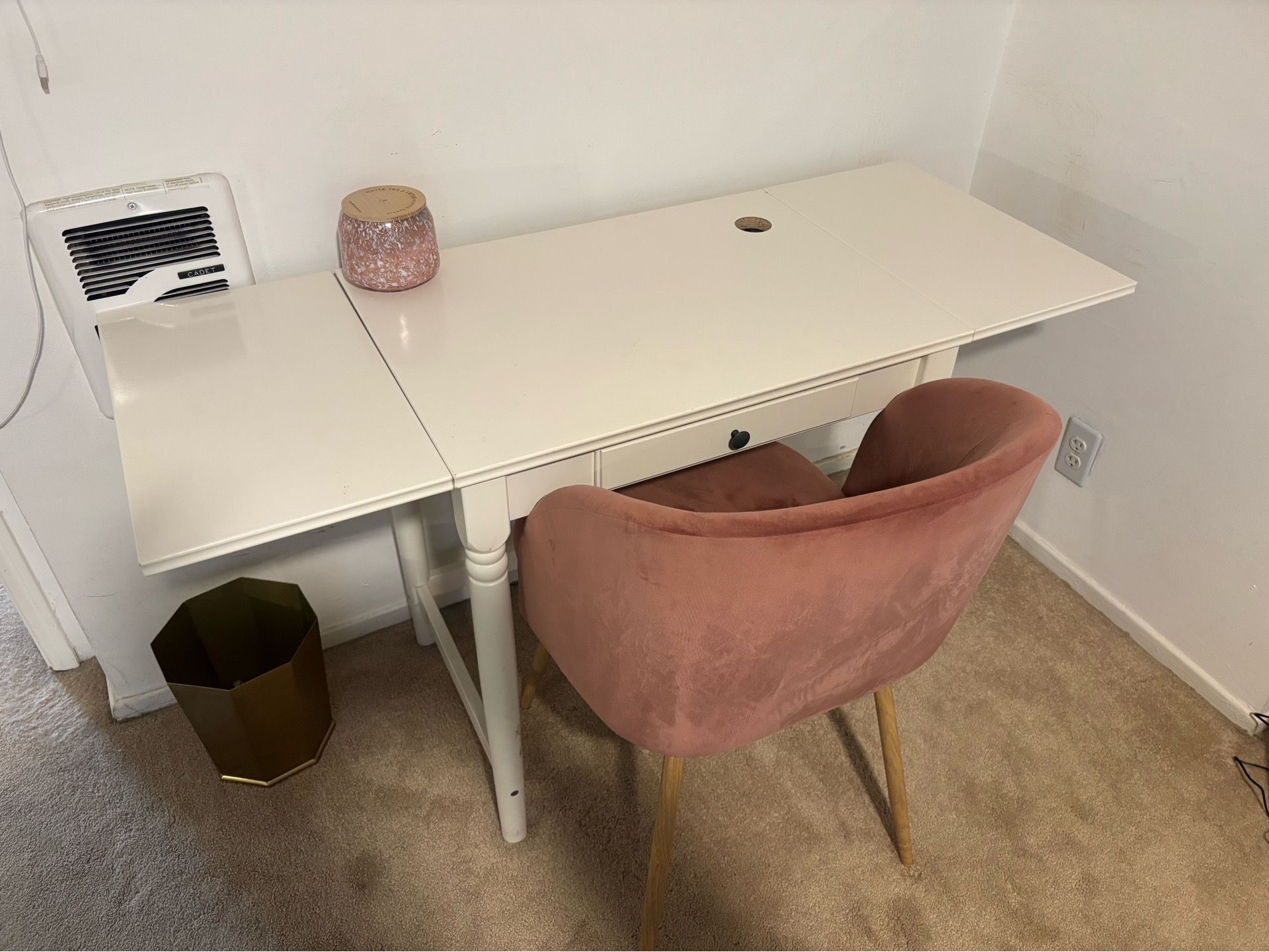 White Drop Leaf Desk and Pink Velvet Chair Set
