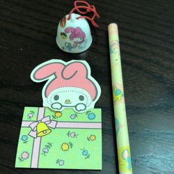 Sanrio My Melody 1976 3 items bone China Christmas bell, mini card (no envelope) and unused pencil.