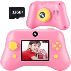 New In Box Upgrade Kids Selfie Camera,Christmas Birthday Gifts for Age3-9,HD Digital Video Cameras for Toddler,Portable Toy with 32GB SD Card-Pink 