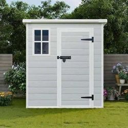 New in Box Resin Outdoor Storage Shed 6 x 6 FT Waterproof Shed Two Windows Floor Lockable Door