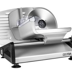 OSTBA 200 W Electric Deli Meat / Food Slicer 0-15mm Adjustable Thickness 7.5” Removable Stainless Steel Blade Food Carriage Child Safety Lock