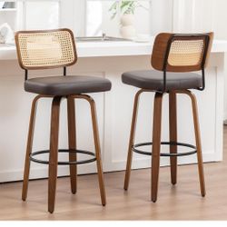26 inch Counter Height Bar Stools with Curved Rattan Back Walnut Craftsmanship Upholstered Seat for Island/Pub/Kitchen