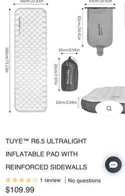 Naturehike TUYEâ„¢ R6.5 ULTRALIGHT INFLATABLE PAD WITH REINFORCED SIDEWALLS