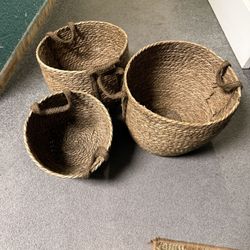 3x Brown Woven Baskets